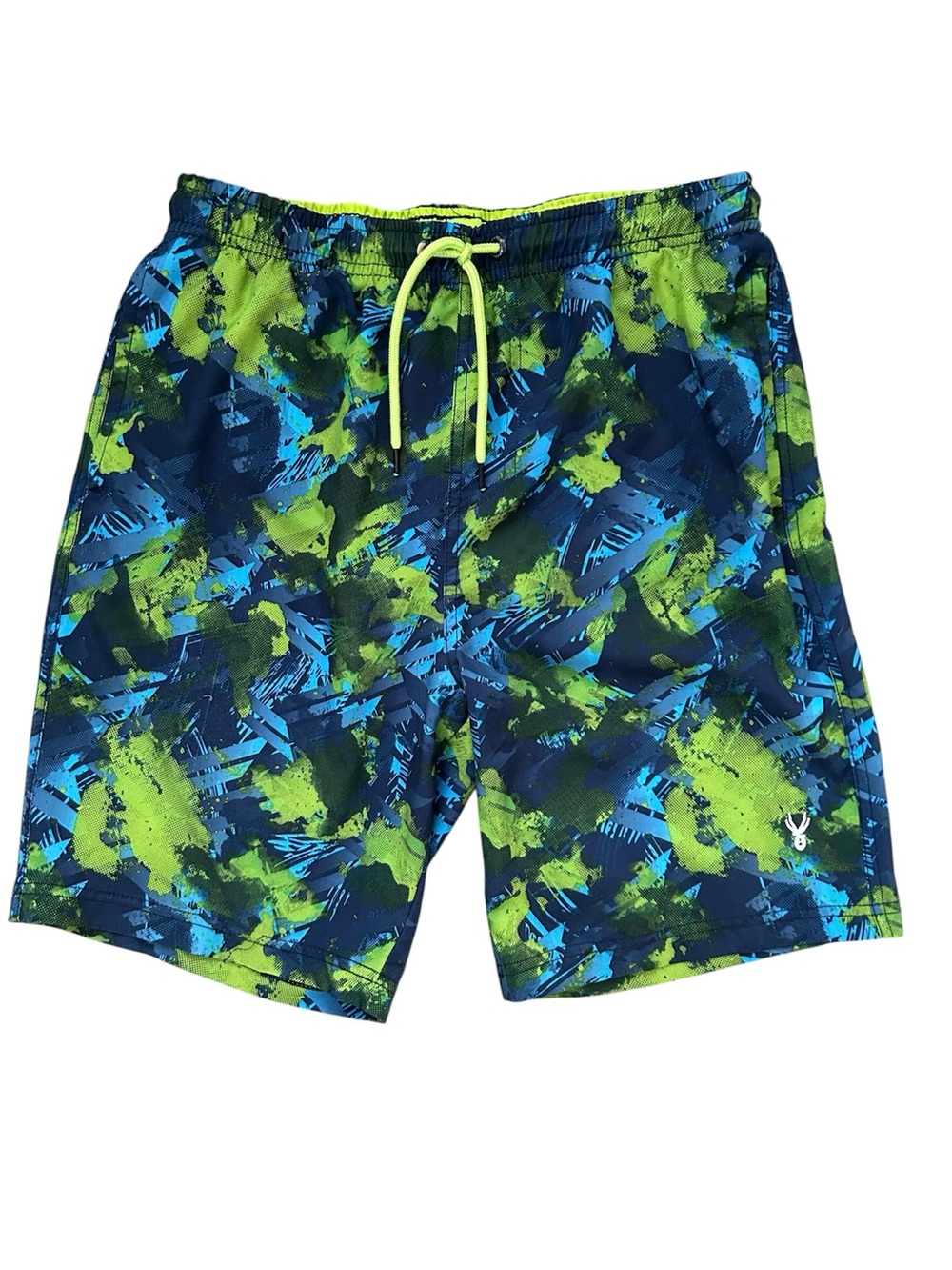 Spyder Navy Lime Green Light Blue Abstract Pattern Swim Shorts Liner Sz L 14/16